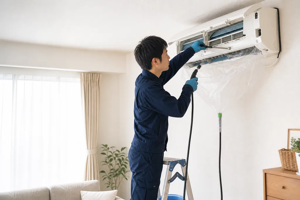 家庭用エアコンを洗浄する作業イメージ