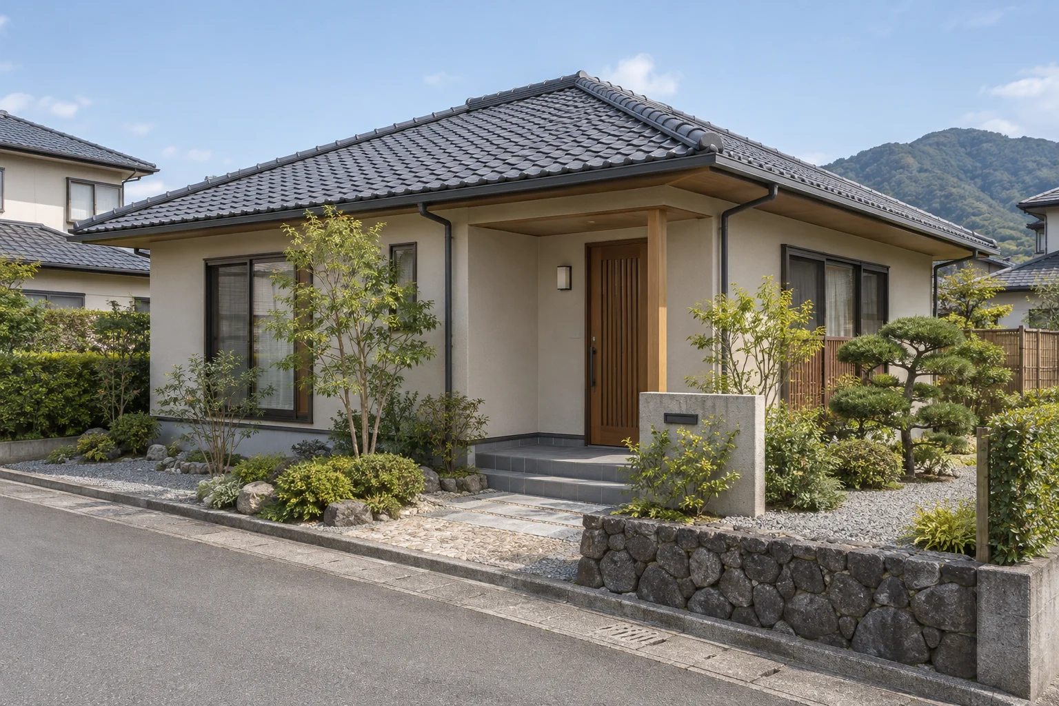 玄関まわりまで、ひとつの表情。 AI生成による架空の住宅外観