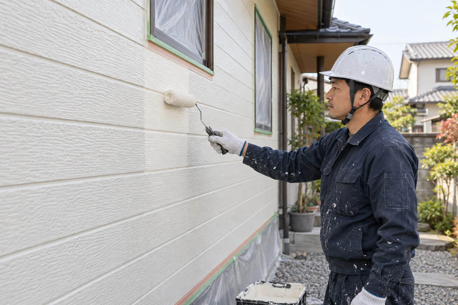 住宅の外壁をローラーで丁寧に塗る職人のイメージ
