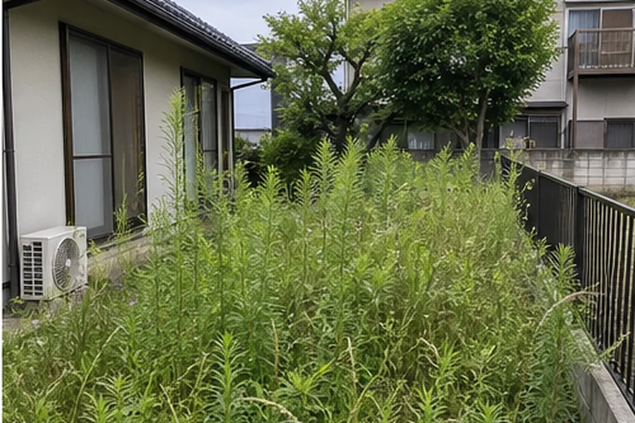 草刈り前の雑草が伸びた住宅の庭