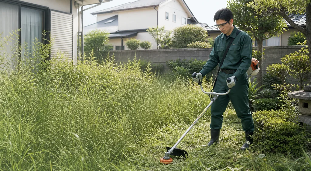 住宅の庭で安全装備を着けて草刈りをするスタッフ