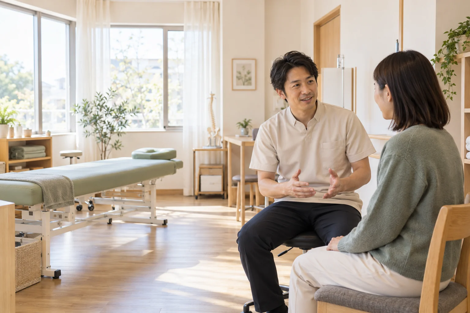 明るい院内で相談する患者と施術者のイメージ