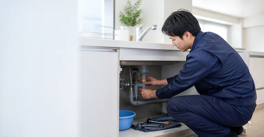 キッチンのシンク下配管を修理する水道サービススタッフ
